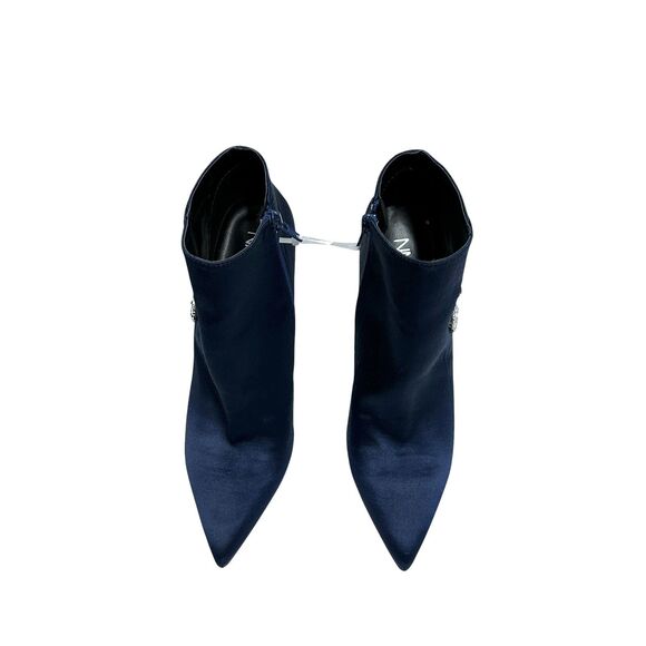 Neiman Marcus Silk Navy Pointed Toe Flower Bling Stiletto Ankle Boots Size 6.5 - Picture 7 of 12